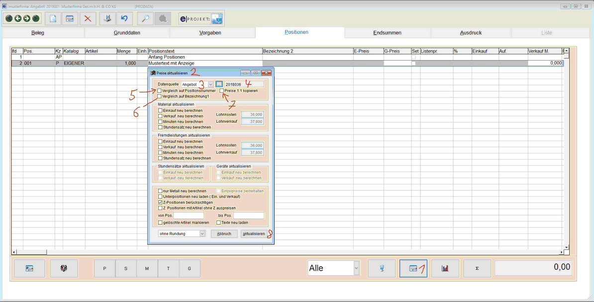 Preise aktualisieren auf Bezeichnung 1
